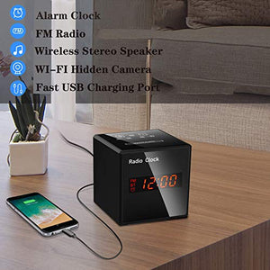 Clock Nanny Cam - Wireless with Phone App - Bluetooth Speaker & USB Charging Ports - Night Vision & Motion Detection - Storage 128GB